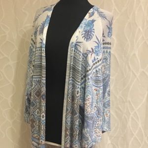 Blue kimono bohemian tropical print fringe L beach